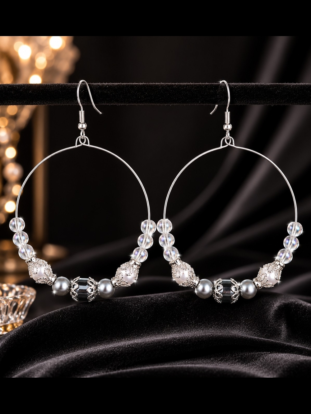 Large Silver Hoop Earrings with Clear and Pearl Accents Hand Crafted